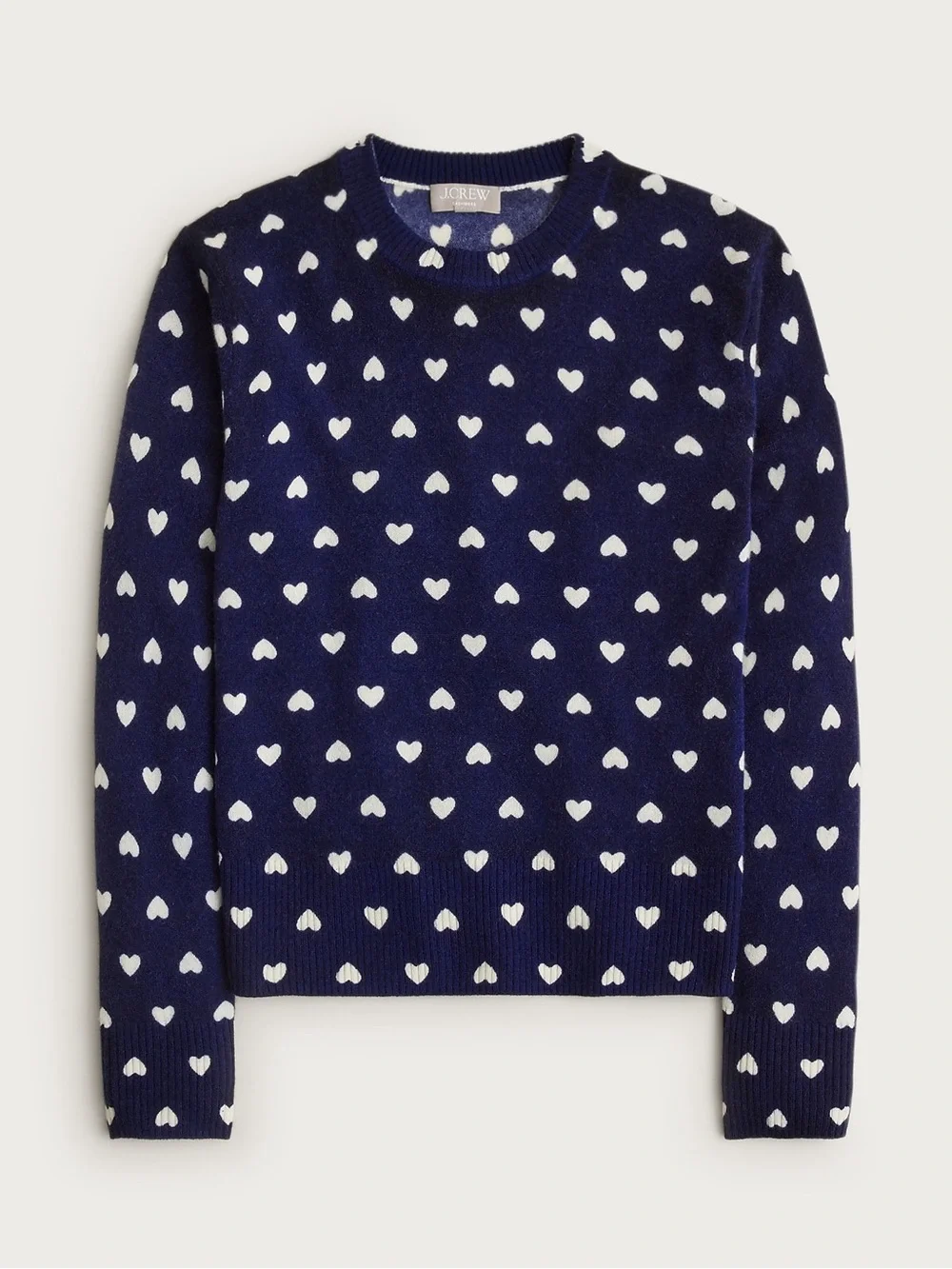 J. Crew Navy Crewneck Cashmere Sweater with White Heart Motif